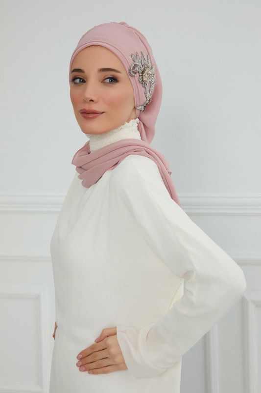 Yandan Taş Çiçek Aksesuarlı Şifon Hazır Türban,HT-104,HT-104 Pudra - 2