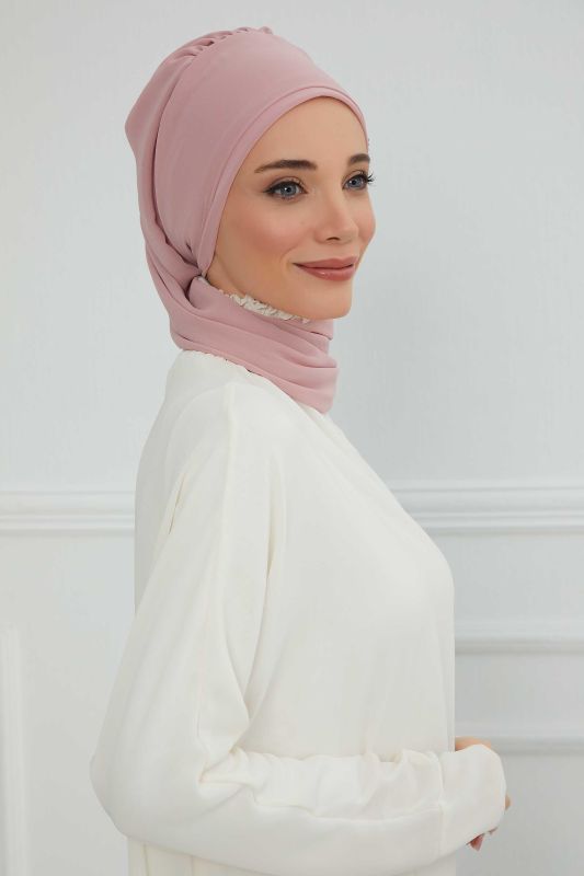 Yandan Taş Çiçek Aksesuarlı Şifon Hazır Türban,HT-104,HT-104 Pudra - 4