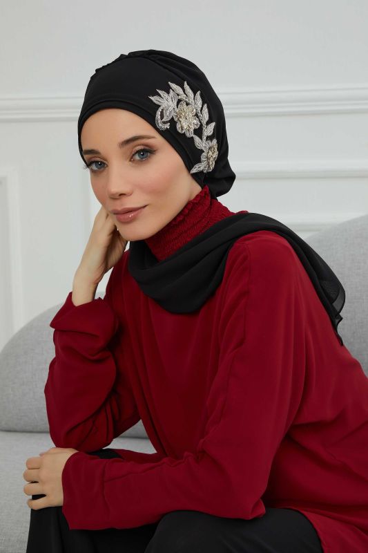 Yandan Taş Çiçek Aksesuarlı Şifon Hazır Türban,HT-104,HT-104 Siyah - 1