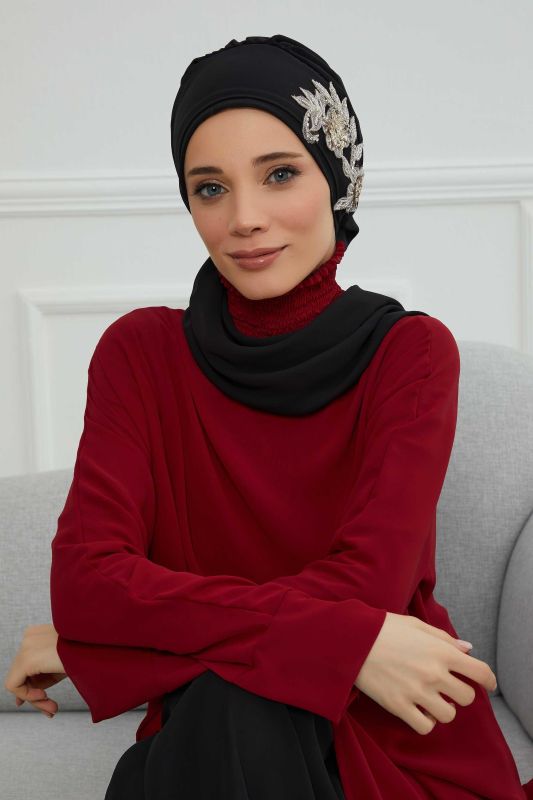 Yandan Taş Çiçek Aksesuarlı Şifon Hazır Türban,HT-104,HT-104 Siyah - 2