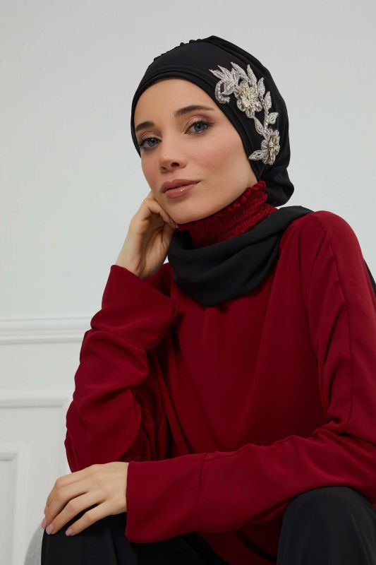 Yandan Taş Çiçek Aksesuarlı Şifon Hazır Türban,HT-104,HT-104 Siyah - 6