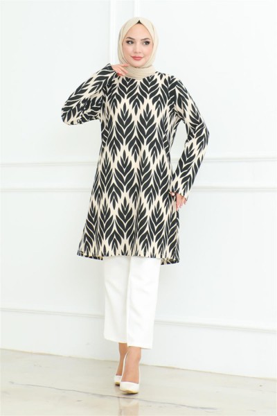 Yandan Yırtmaçlı Krep Tunik SİYAH - Thumbnail