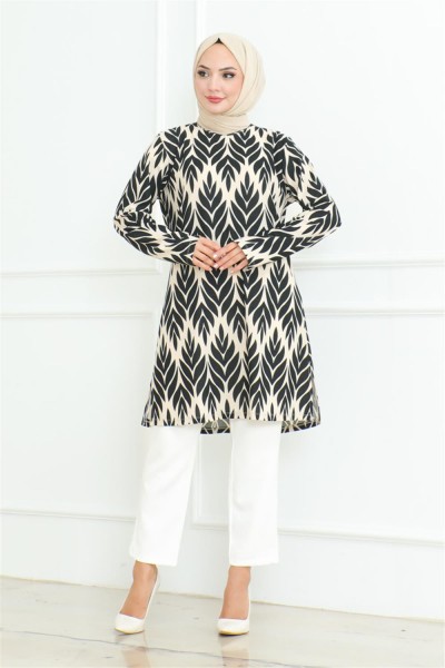 Yandan Yırtmaçlı Krep Tunik SİYAH - Thumbnail