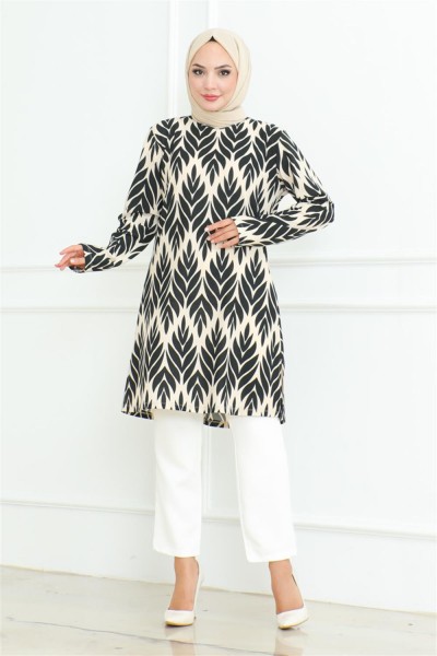 Yandan Yırtmaçlı Krep Tunik SİYAH - Thumbnail