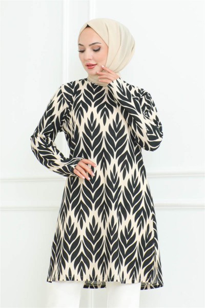 Yandan Yırtmaçlı Krep Tunik SİYAH - Thumbnail