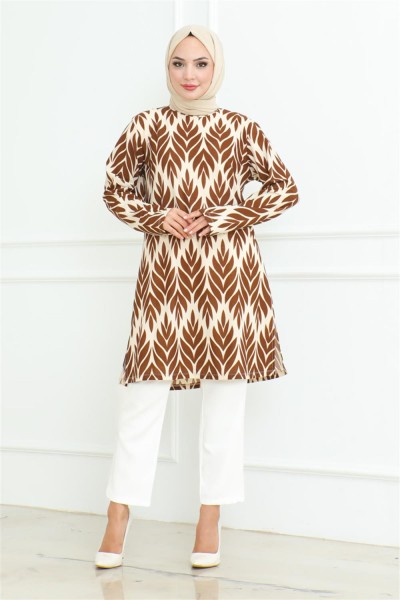 Yandan Yırtmaçlı Krep Tunik VİZON - Thumbnail