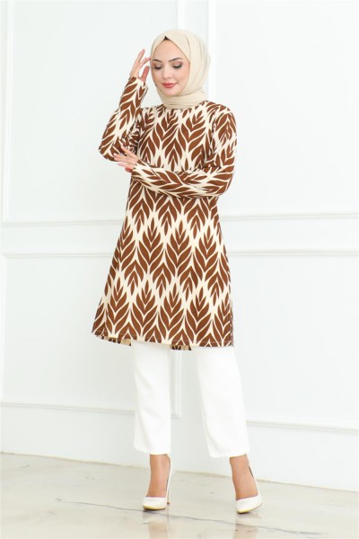 Yandan Yırtmaçlı Krep Tunik VİZON - Thumbnail