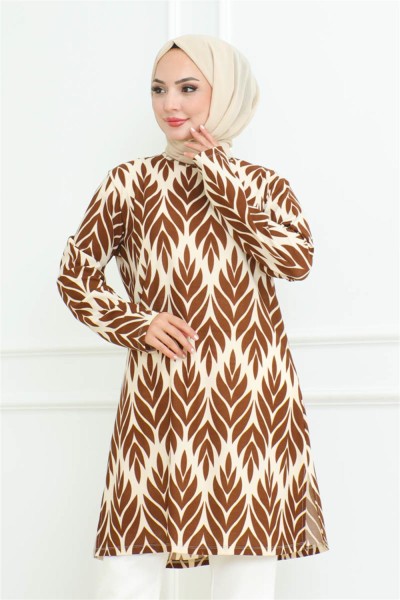 Yandan Yırtmaçlı Krep Tunik VİZON - Thumbnail