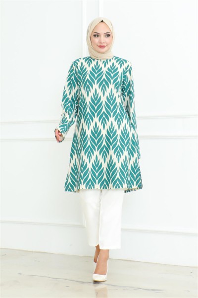 Yandan Yırtmaçlı Krep Tunik ZÜMRÜT YEŞİLİ - Thumbnail