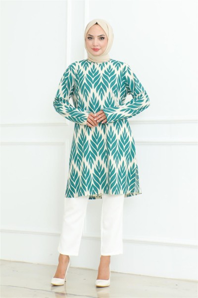 Yandan Yırtmaçlı Krep Tunik ZÜMRÜT YEŞİLİ - Thumbnail