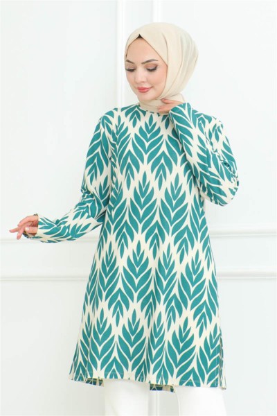 Yandan Yırtmaçlı Krep Tunik ZÜMRÜT YEŞİLİ - Thumbnail