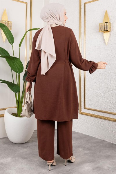 Yanları Bağcıklı Aerobin Takım KAHVERENGİ - Thumbnail