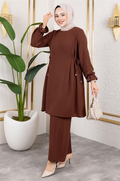 Yanları Bağcıklı Aerobin Takım KAHVERENGİ - Thumbnail