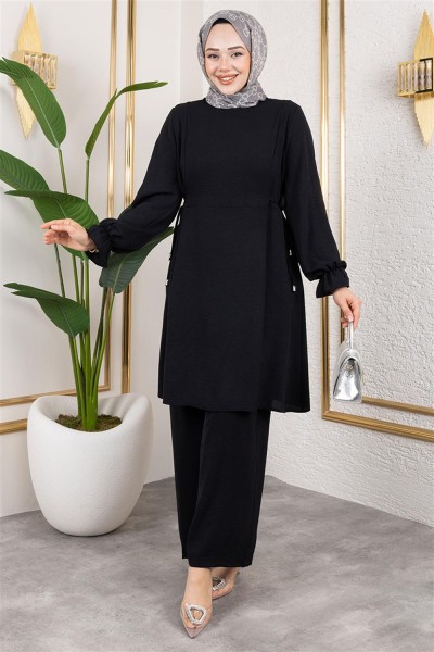 Yanları Bağcıklı Aerobin Takım SİYAH - Thumbnail