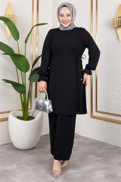 Yanları Bağcıklı Aerobin Takım SİYAH - Thumbnail