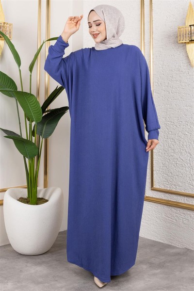 Yarasa Kollu Bürümcük Elbise İNDİGO - Thumbnail