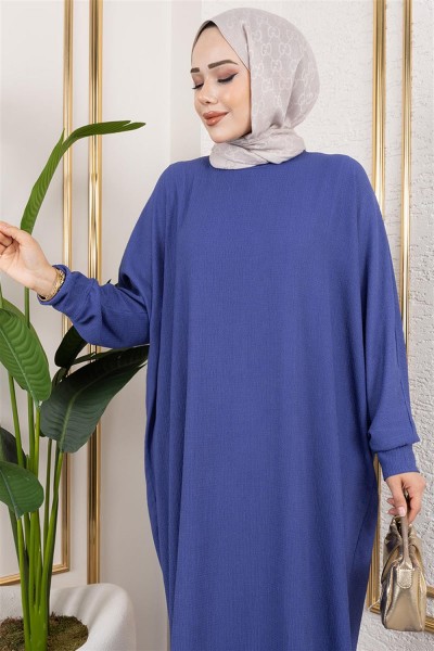 Yarasa Kollu Bürümcük Elbise İNDİGO - Thumbnail