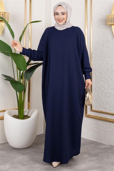 Yarasa Kollu Bürümcük Elbise LACİVERT - Thumbnail