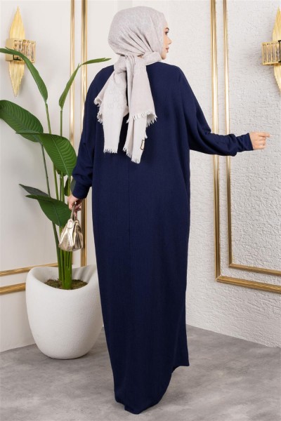 Yarasa Kollu Bürümcük Elbise LACİVERT - Thumbnail