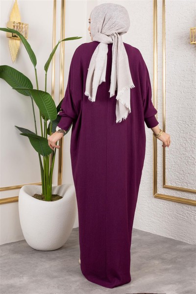 Yarasa Kollu Bürümcük Elbise MÜRDÜM - Thumbnail