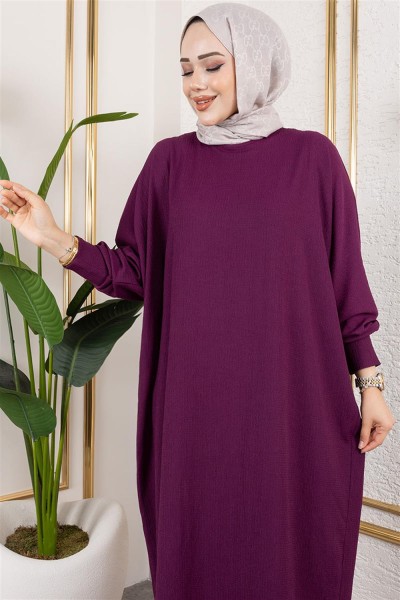 Yarasa Kollu Bürümcük Elbise MÜRDÜM - Thumbnail