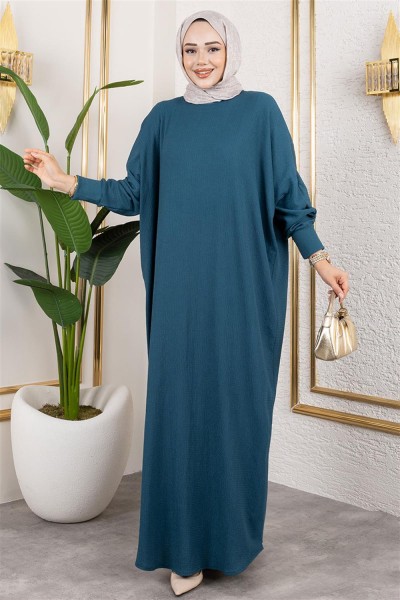 Yarasa Kollu Bürümcük Elbise PETROL - Thumbnail