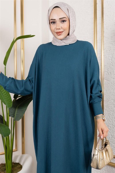 Yarasa Kollu Bürümcük Elbise PETROL - Thumbnail