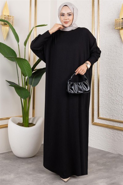 Yarasa Kollu Bürümcük Elbise SİYAH - Thumbnail