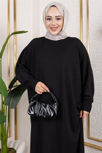 Yarasa Kollu Bürümcük Elbise SİYAH - Thumbnail