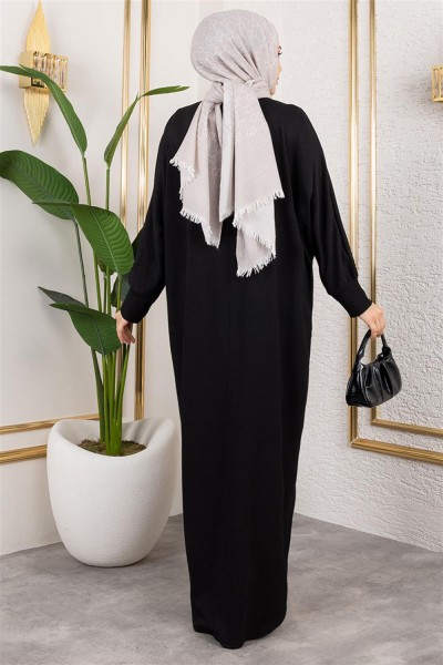 Yarasa Kollu Bürümcük Elbise SİYAH - Thumbnail