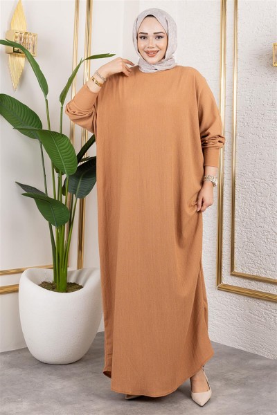 Yarasa Kollu Bürümcük Elbise VİZON - Thumbnail