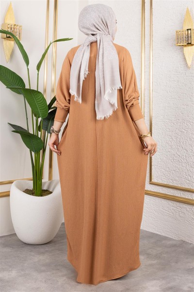 Yarasa Kollu Bürümcük Elbise VİZON - Thumbnail