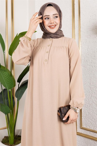 Yarım Düğmeli Aerobin Elbise BEJ - Thumbnail