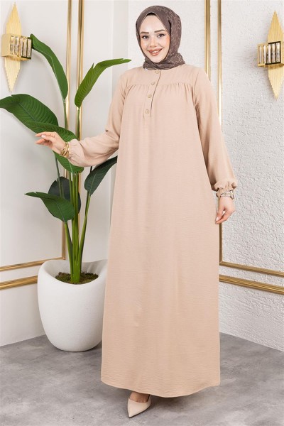 Yarım Düğmeli Aerobin Elbise BEJ - Thumbnail