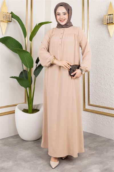Yarım Düğmeli Aerobin Elbise BEJ - Thumbnail