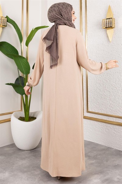 Yarım Düğmeli Aerobin Elbise BEJ - Thumbnail