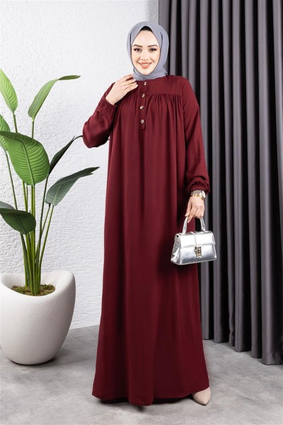 Yarım Düğmeli Viskon Elbise BORDO - Thumbnail
