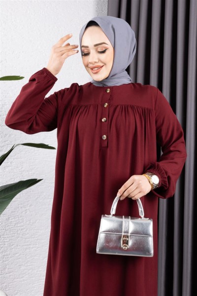 Yarım Düğmeli Viskon Elbise BORDO - Thumbnail