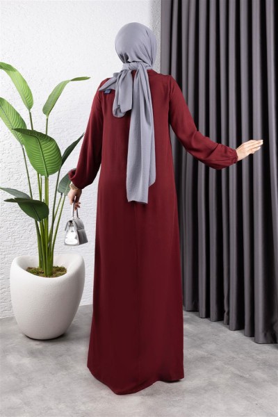 Yarım Düğmeli Viskon Elbise BORDO - Thumbnail