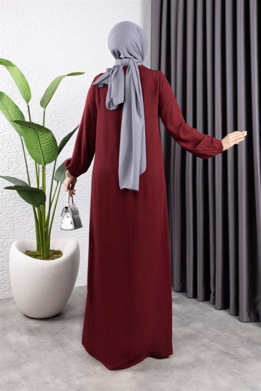 Yarım Düğmeli Viskon Elbise BORDO - 4