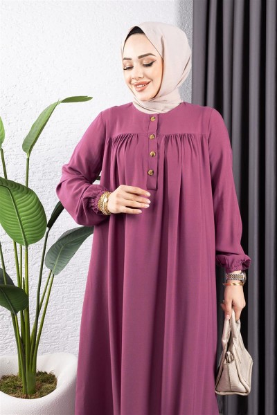 Yarım Düğmeli Viskon Elbise GÜL KURUSU - Thumbnail