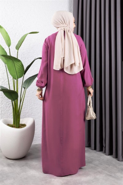 Yarım Düğmeli Viskon Elbise GÜL KURUSU - Thumbnail