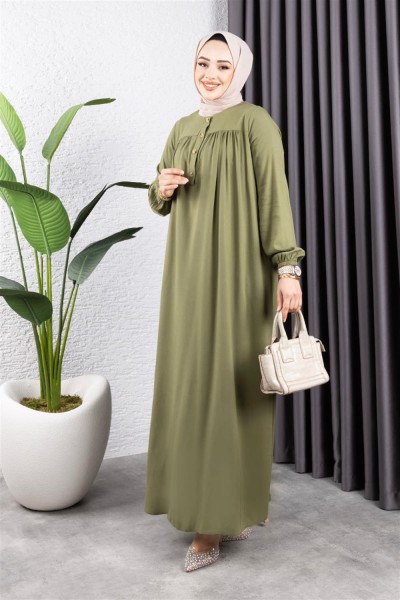 SGS - Yarım Düğmeli Viskon Elbise HAKİ