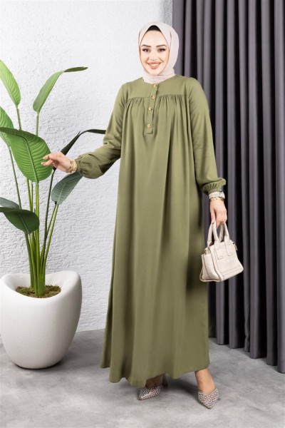 Yarım Düğmeli Viskon Elbise HAKİ - Thumbnail