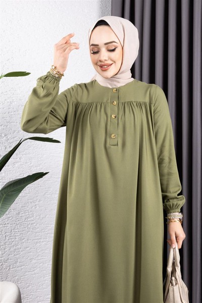 Yarım Düğmeli Viskon Elbise HAKİ - Thumbnail