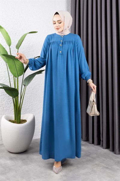 Yarım Düğmeli Viskon Elbise İNDİGO - Thumbnail