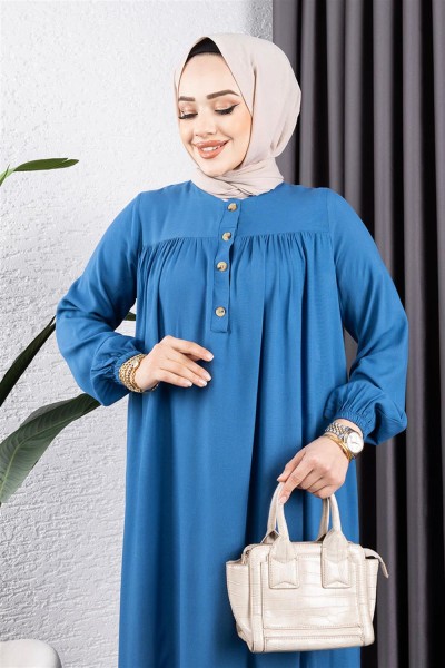 Yarım Düğmeli Viskon Elbise İNDİGO - Thumbnail