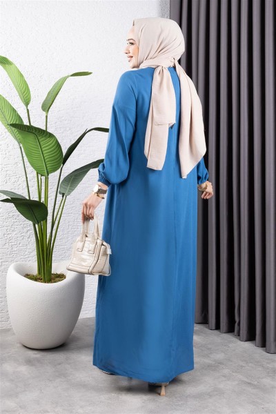 Yarım Düğmeli Viskon Elbise İNDİGO - Thumbnail