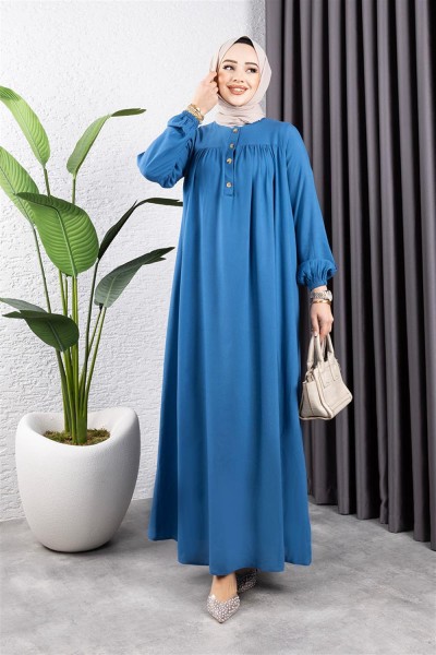 SGS - Yarım Düğmeli Viskon Elbise İNDİGO