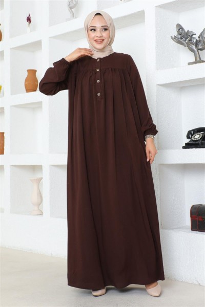 SGS - Yarım Düğmeli Viskon Elbise KAHVERENGİ